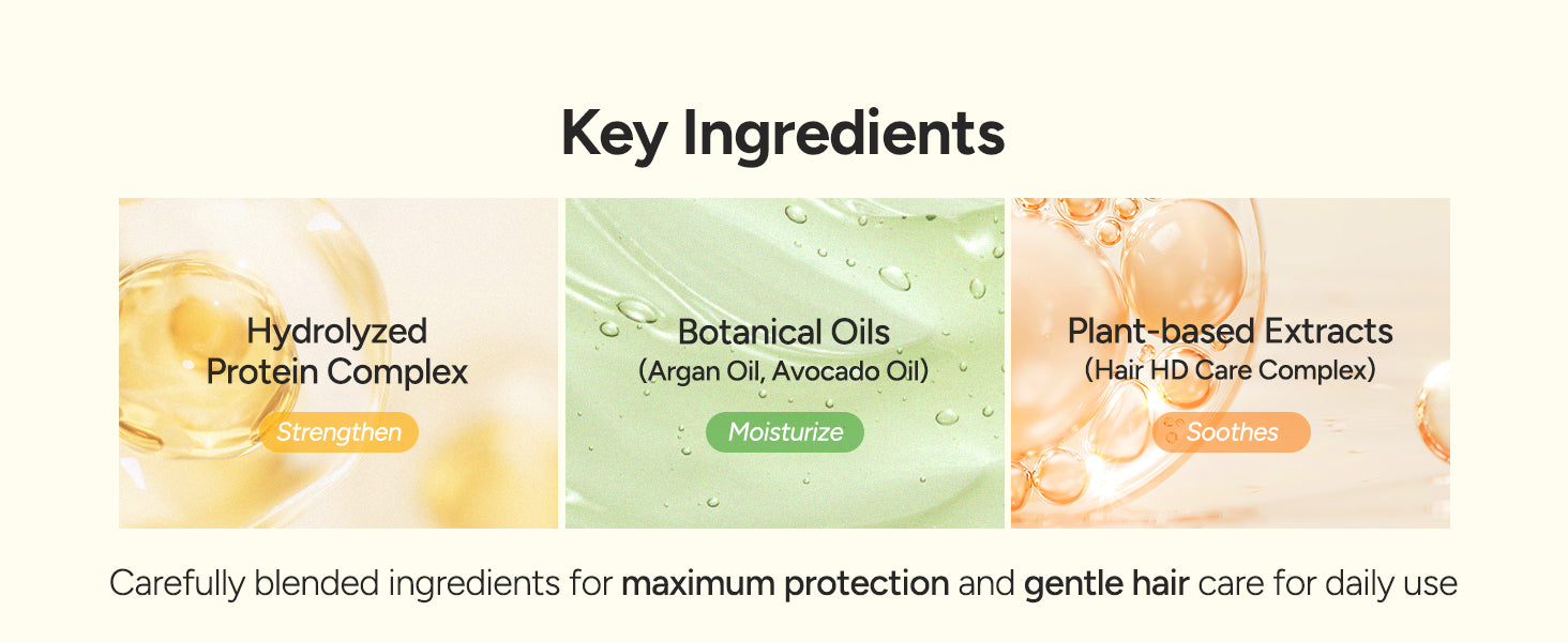 Key ingredients — hydrolyzed protein complex to strengthen, botanical argan and avocado oils to moisturize, and plant-based Hair HD Care Complex to soothe