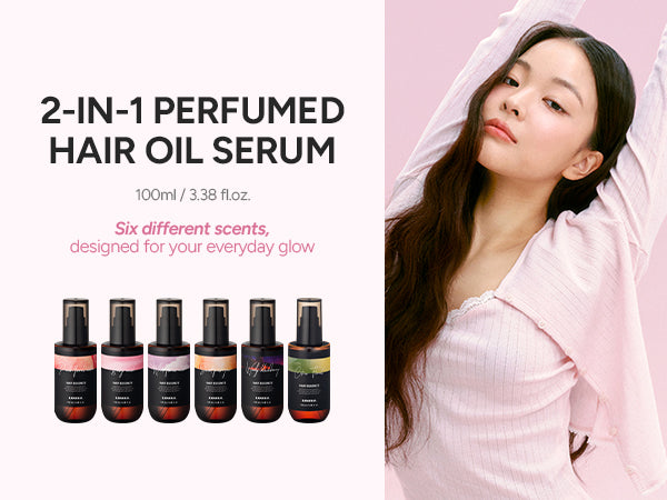 BANANAL Perfumed 2-in-1 Hair Oil Serum, 100 ml, shown in all six scents beside a model with long glossy hair