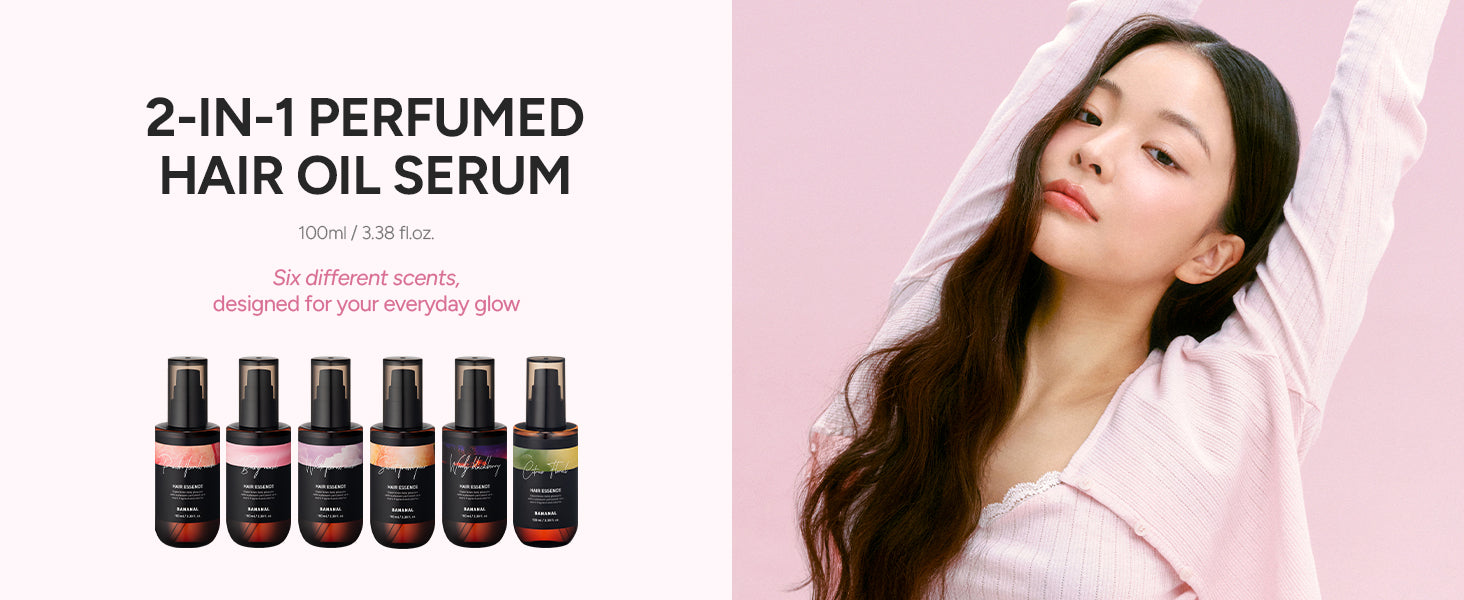 BANANAL Perfumed 2-in-1 Hair Oil Serum, 100 ml, shown in all six scents beside a model with long glossy hair