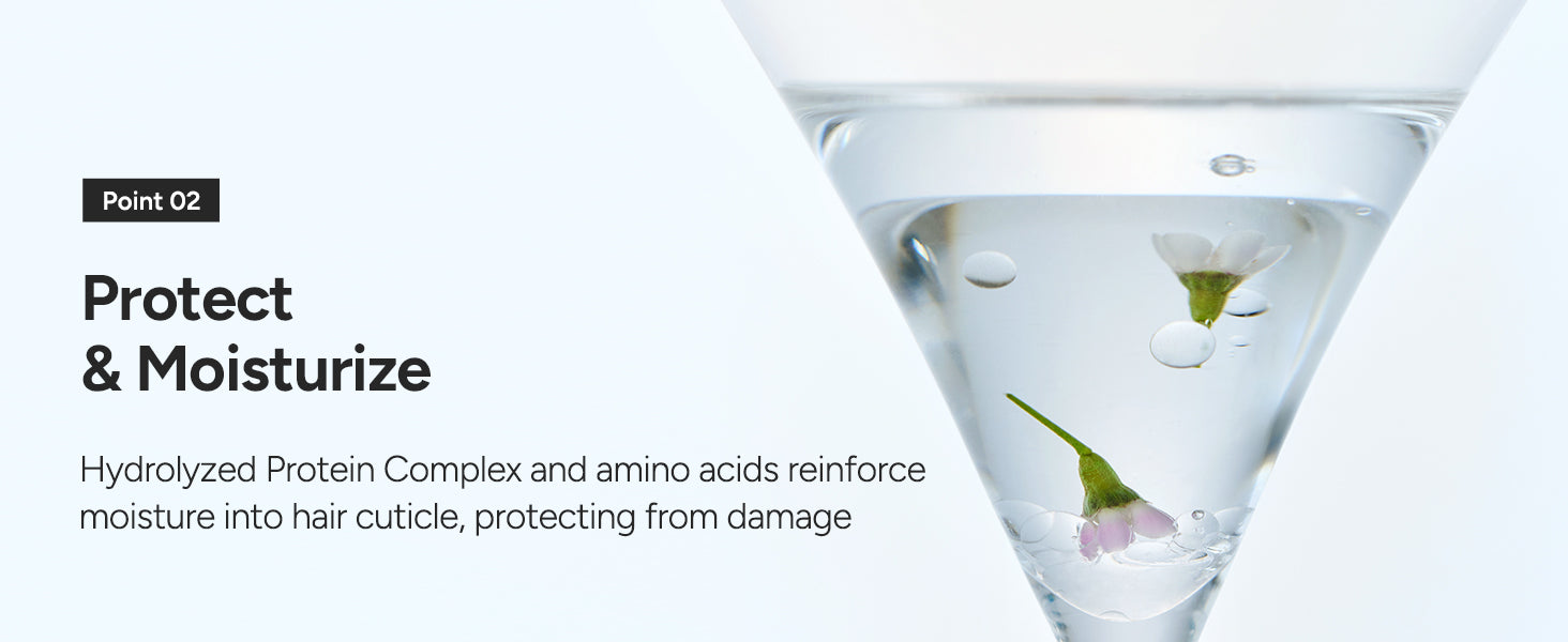Point 02 Protect and Moisturize — hydrolyzed protein complex and amino acids reinforce moisture into the hair cuticle, protecting it from damage